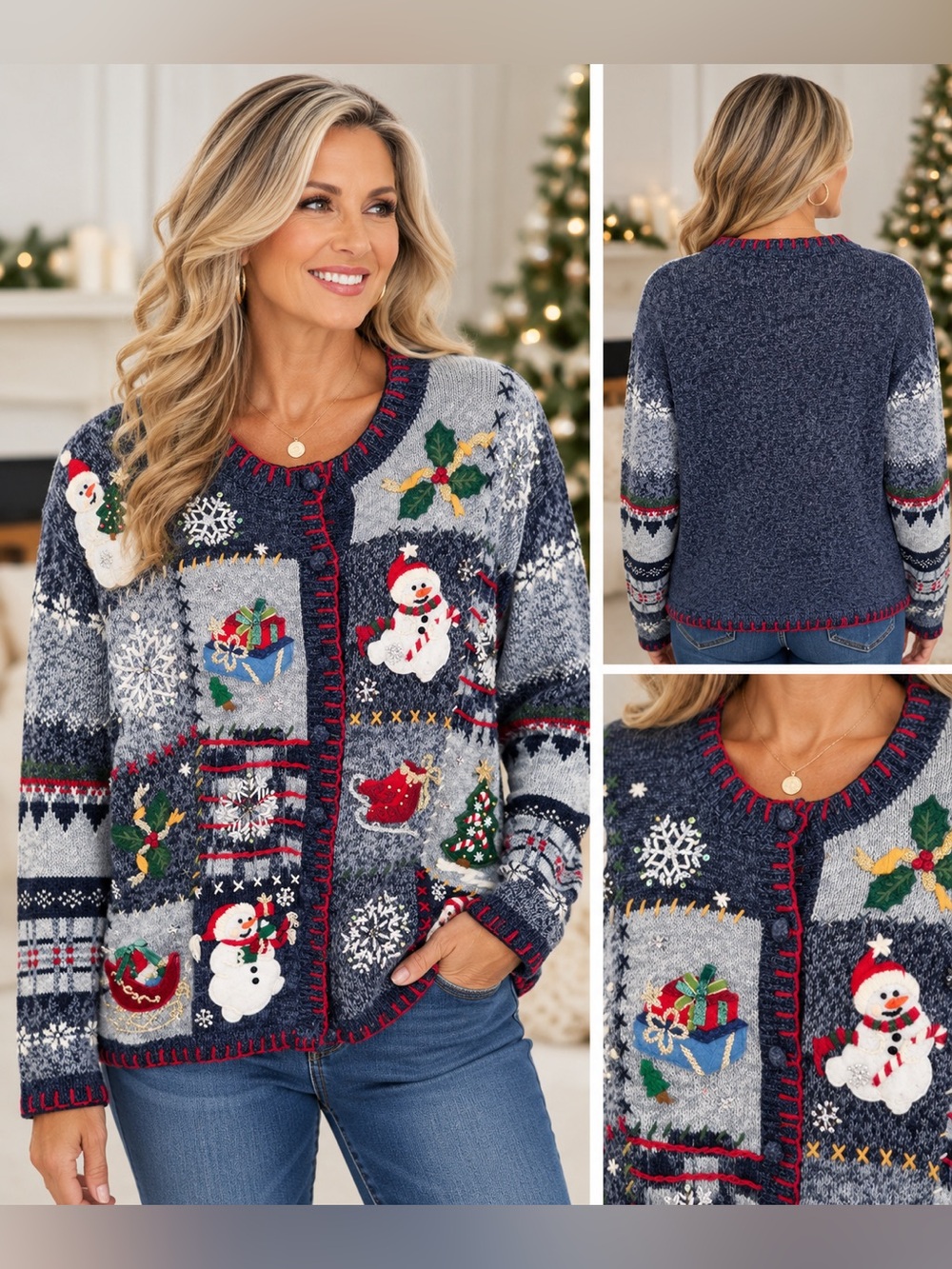 Silver lake Authentic Casuals Vintage Christmas Snowman Cardigan Sweater size LG